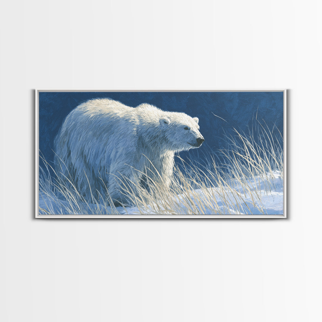 Polar Bear Crossing Blue Ice Framed Canvas Print, Wildlife Art, Contemporary Art, Living Room Decor, Wild, Wall Art Print, WIL-2x1-83