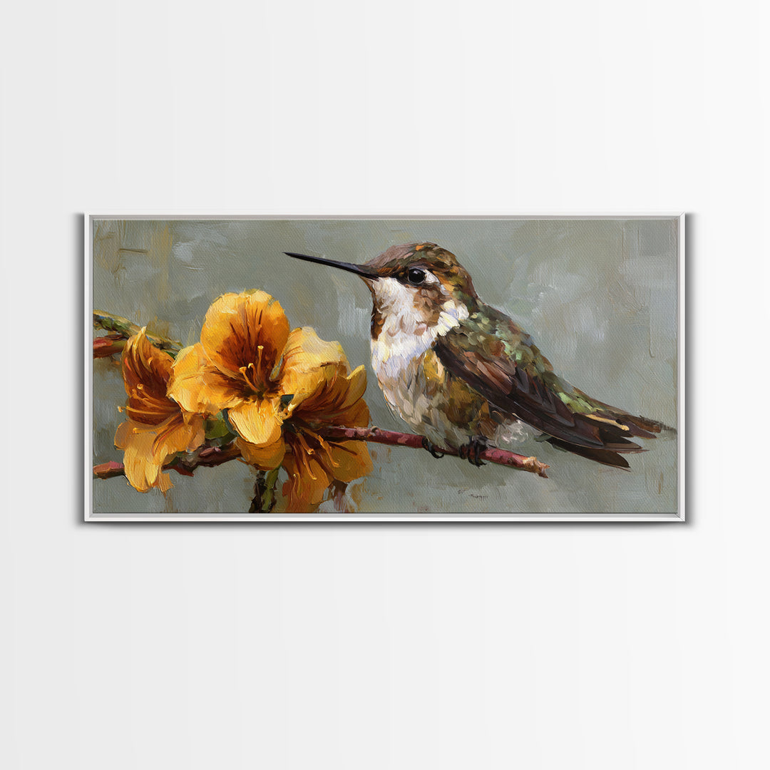 Hummingbird Beside Bright Flowers Framed Canvas Print, Wildlife Art, Bird Art, Living Room Decor, Watercolor Art, Wild, WIL-2x1-84