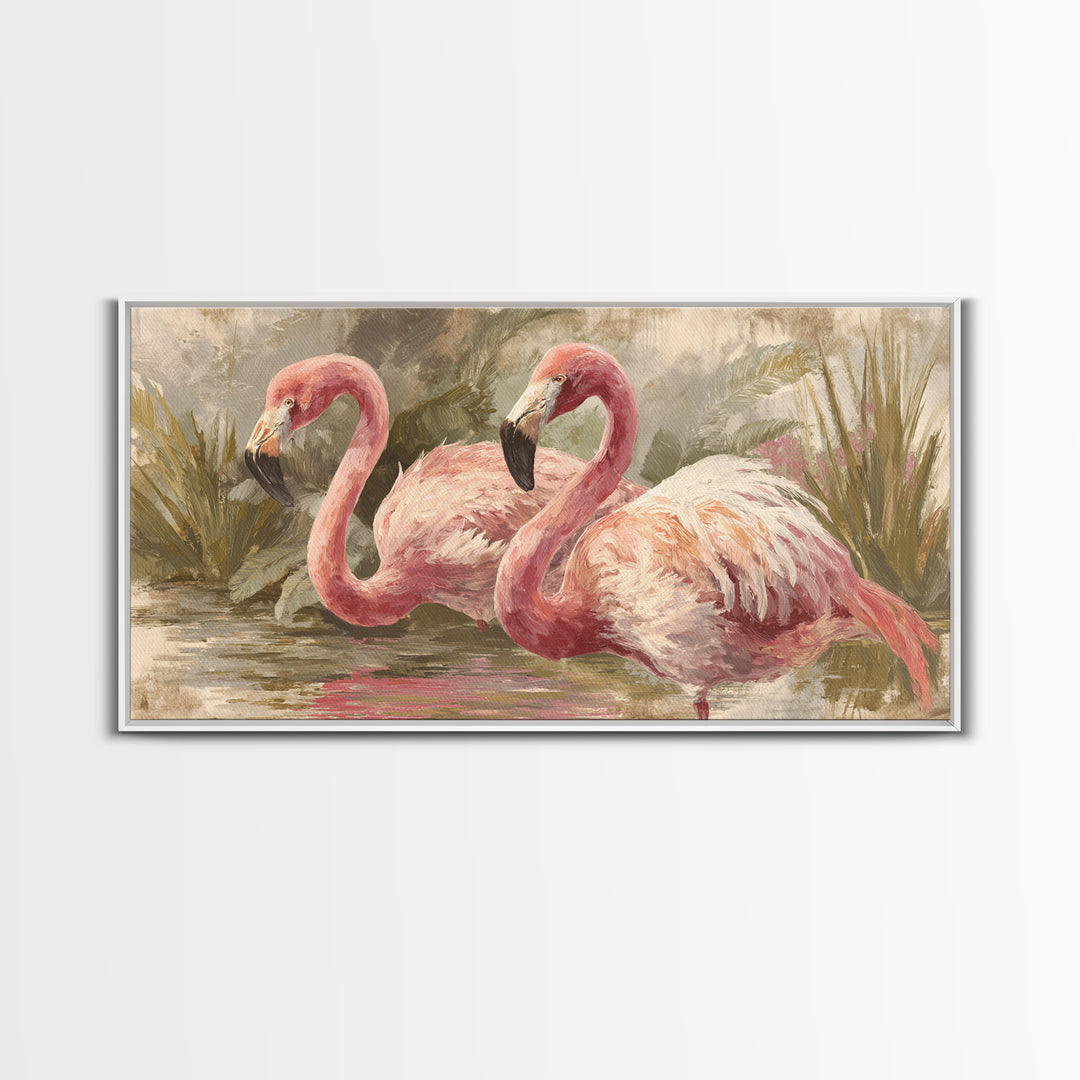 Flamingos in Pink Shallow Water Framed Canvas Print, Wildlife Art, Art, Living Room Decor, Oil Painting, Wild, WIL-2x1-90