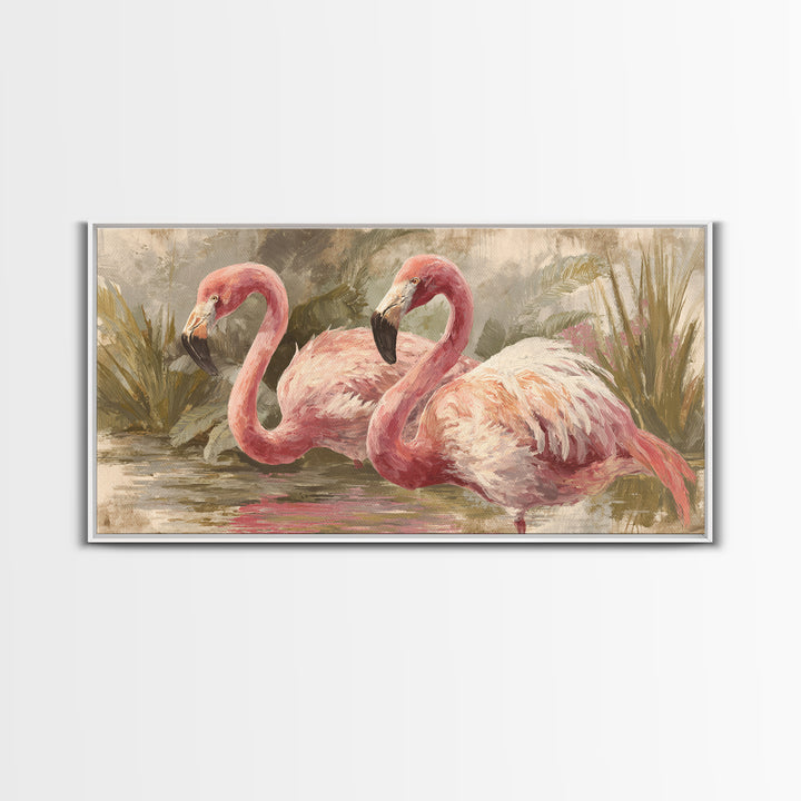Flamingos in Pink Shallow Water Framed Canvas Print, Wildlife Art, Art, Living Room Decor, Oil Painting, Wild, WIL-2x1-90