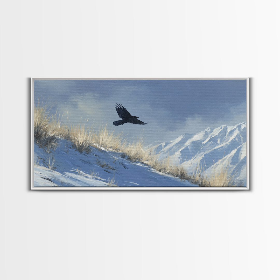 Raven Flying Through Snowy Mountains Framed Canvas Print, Wildlife Art, Boho Wall Decor, Living Room Decor, Fine Art, Wild, WIL-2x1-92