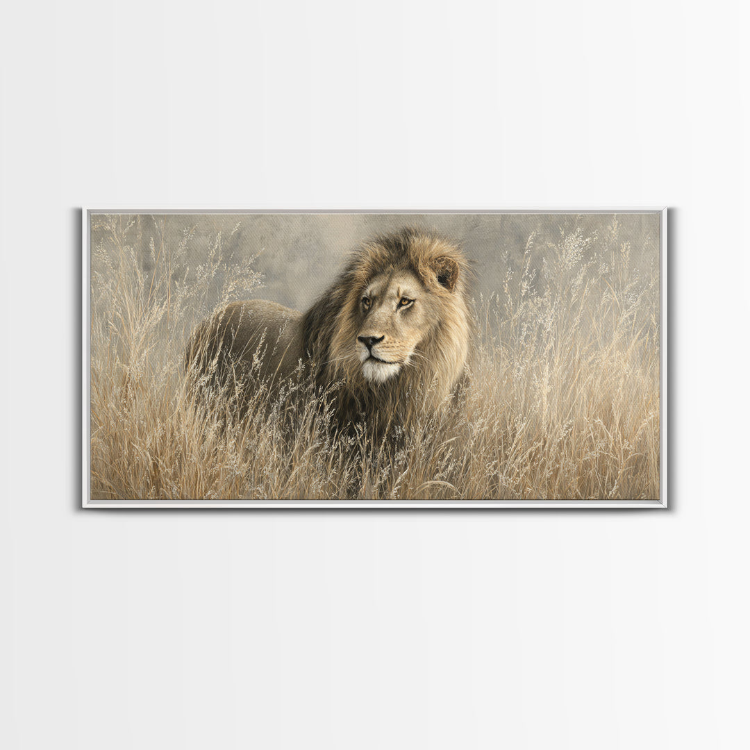 Lion Emerging from Golden Savanna Grass Canvas Print, Wildlife Art, Wall Art Print, Living Room Decor, Fine Art, Wild, WIL-2x1-93