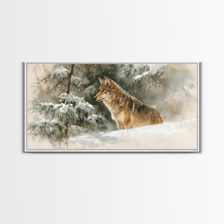 Wolf Standing Beneath Snowy Pine Trees Framed Canvas Print, Wildlife Art, Unique Home Decor, Living Room Decor, Fine Art, Wild, WIL-2x1-95