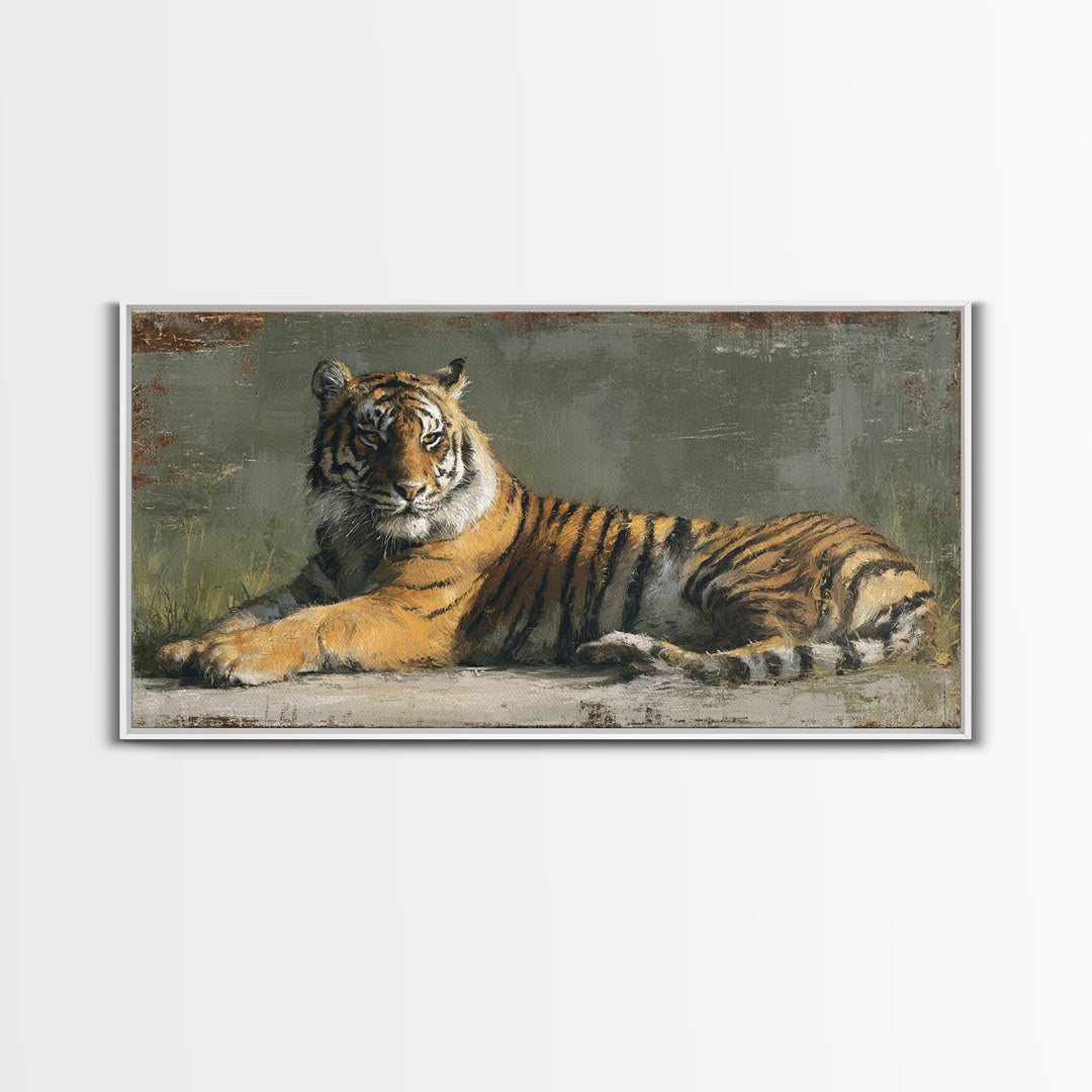 Tiger Portrait with Jungle Shadows Framed Canvas Print, Wildlife Art, Modern Wall Art, Living Room Decor, Oil Painting, Wild, WIL-2x1-97