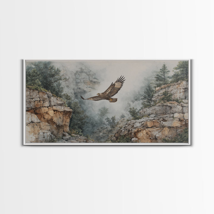 Eagle Soaring Above Rocky Cliffs Canvas Print, Wildlife Art, Living Room Decor, Watercolor Art, Wild, Living Room Wall Art, WIL-2x1-98