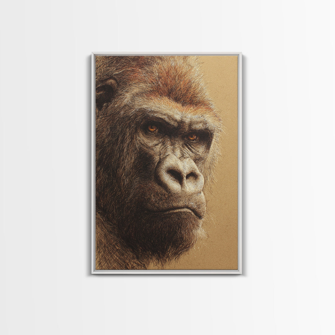 Gorilla Portrait with Powerful Gaze Framed Canvas Print, Wildlife Art, Wall Art, Living Room Decor, Wild, Modern Wall Art, WIL-2x3-1