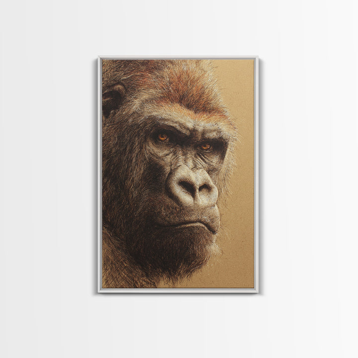 Gorilla Portrait with Powerful Gaze Framed Canvas Print, Wildlife Art, Wall Art, Living Room Decor, Wild, Modern Wall Art, WIL-2x3-1