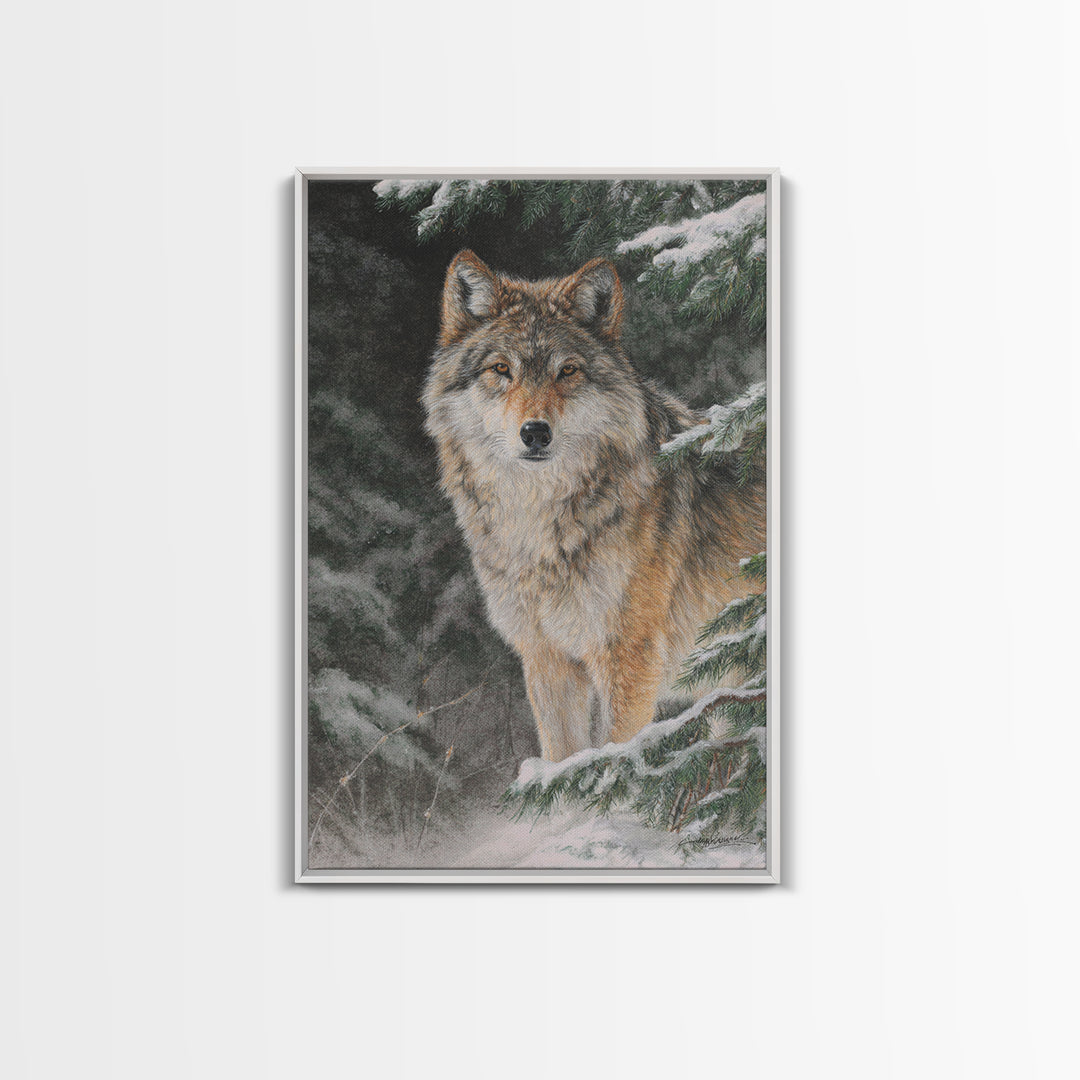 Wolf Standing Beneath Snowy Pine Trees Canvas Print, Wildlife Art, Original Artwork, Living Room Decor, Abstract Art, Wild, WIL-2x3-11