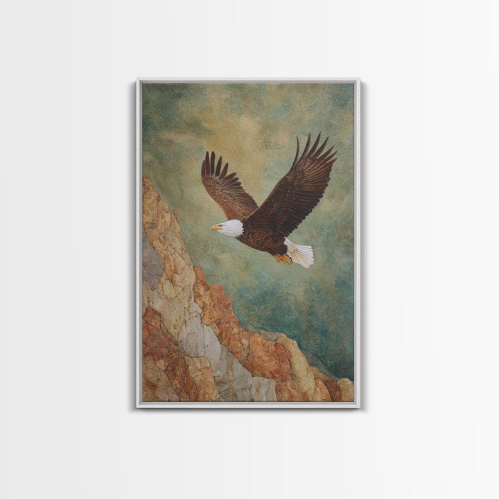 Eagle Soaring Above Rocky Cliffs Canvas Print, Wildlife Art, Art Print, Living Room Decor, Oil Painting, Wild, Digital Wall Art, WIL-2x3-14