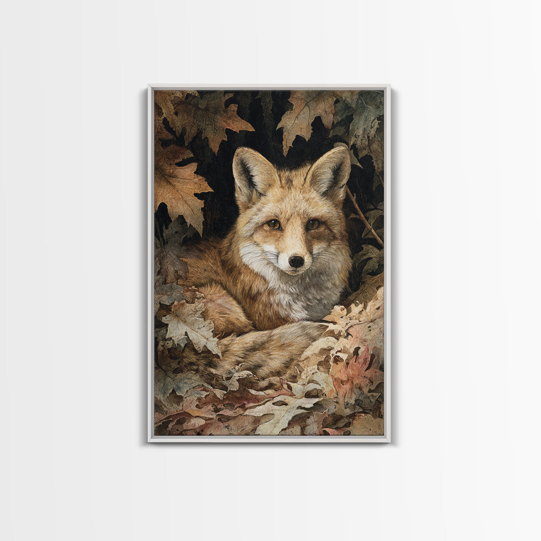 Fox in Autumn Forest Leaves Framed Canvas Print, Wildlife Art, Painting, Living Room Decor, Wild, Living Room Wall Art, WIL-2x3-17