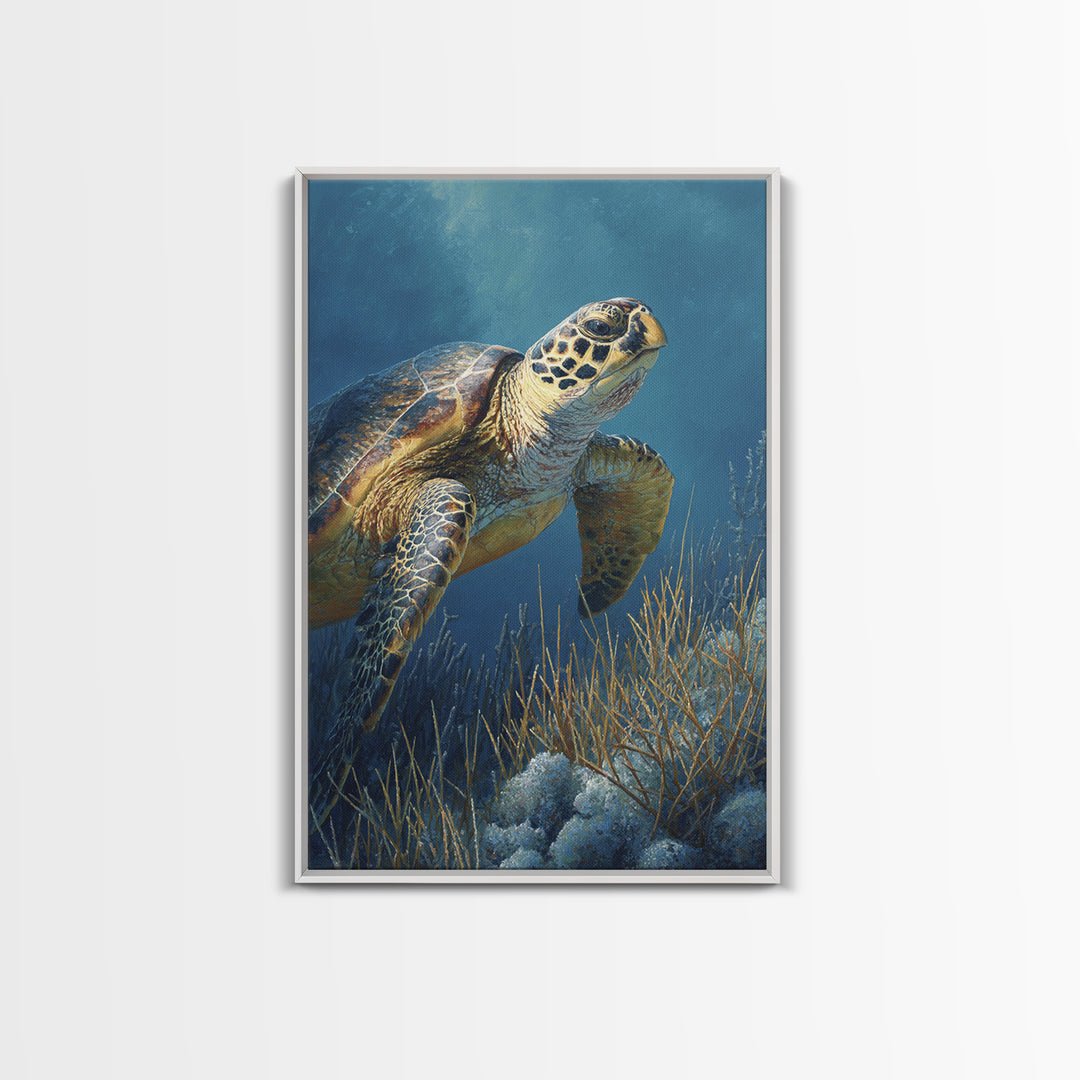 Sea Turtle over Coral Reef Framed Canvas Print, Wildlife Art, Boho Decor, Living Room Decor, Abstract Art, Wild, Painting, WIL-2x3-2