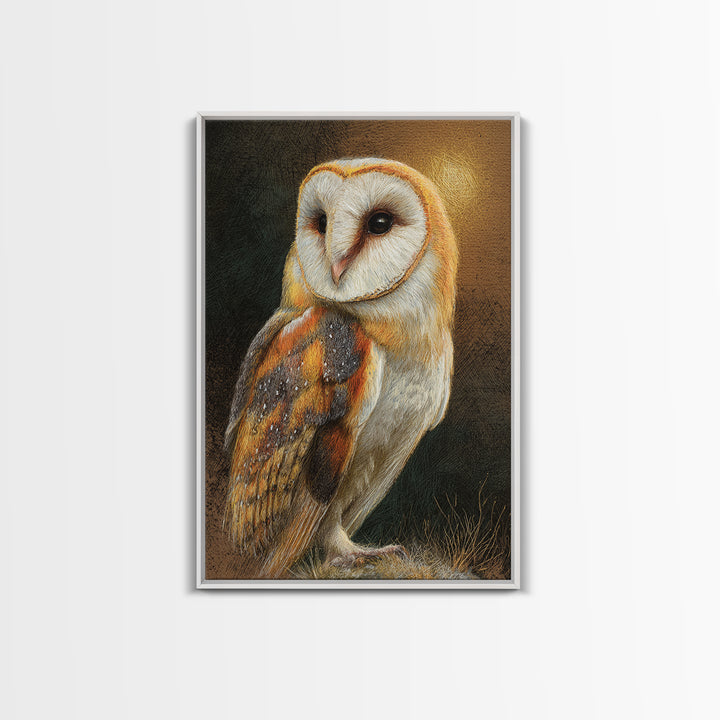 Owl Perched in Moonlit Woodland Framed Canvas Print, Wildlife Art, Oil Painting, Living Room Decor, Wild, Bedroom Wall Art, WIL-2x3-20