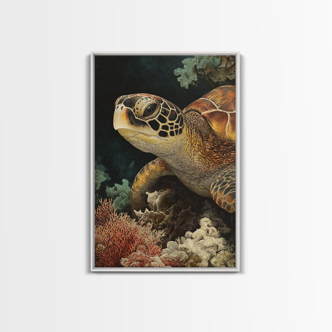 Sea Turtle over Coral Reef Framed Canvas Print, Wildlife Art, Boho Decor, Living Room Decor, Abstract Art, Wild, Painting, WIL-2x3-26