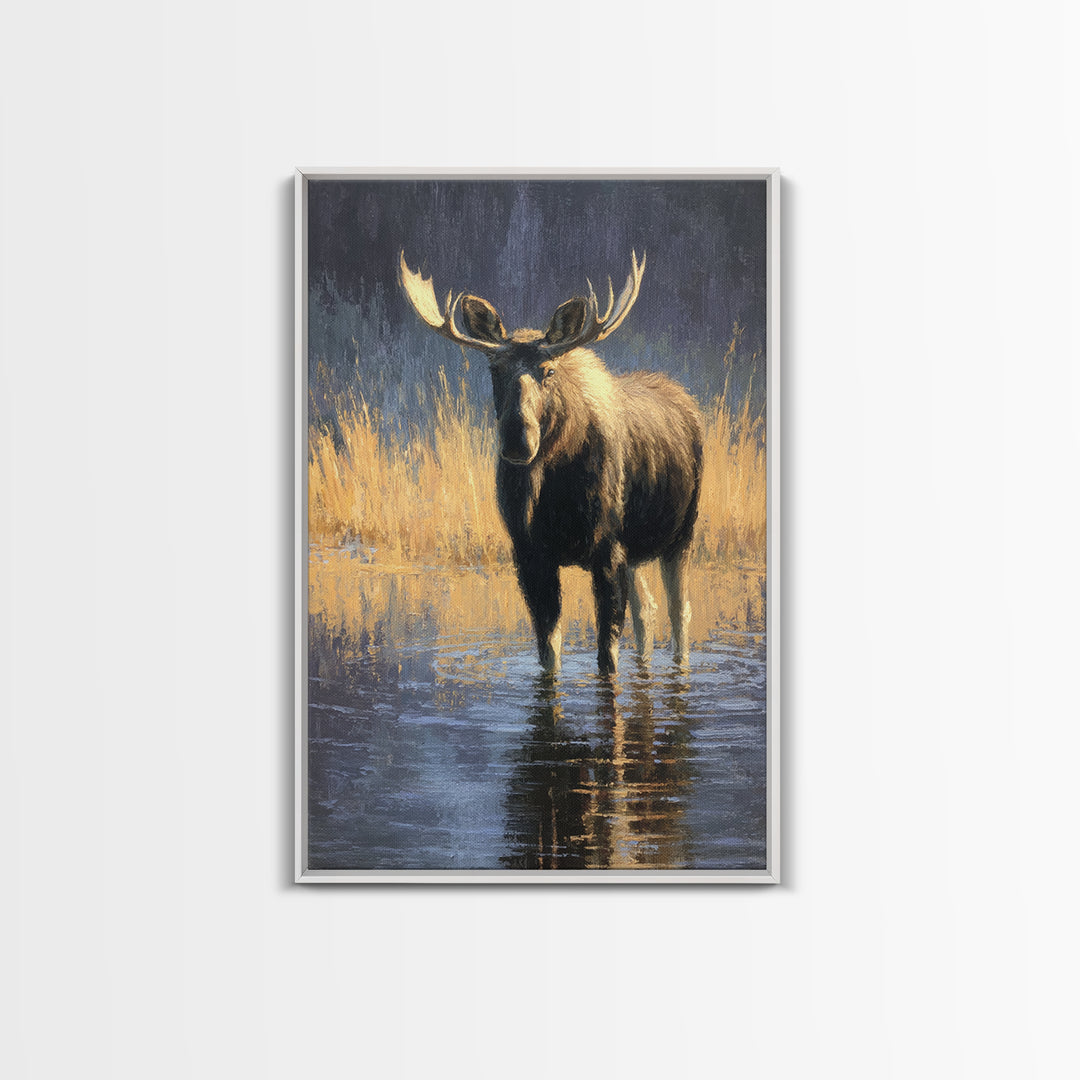 Moose Standing in Reflective Lake Canvas Print, Wildlife Art, Fine Art Print, Living Room Decor, Watercolor Art, Wild, WIL-2x3-27