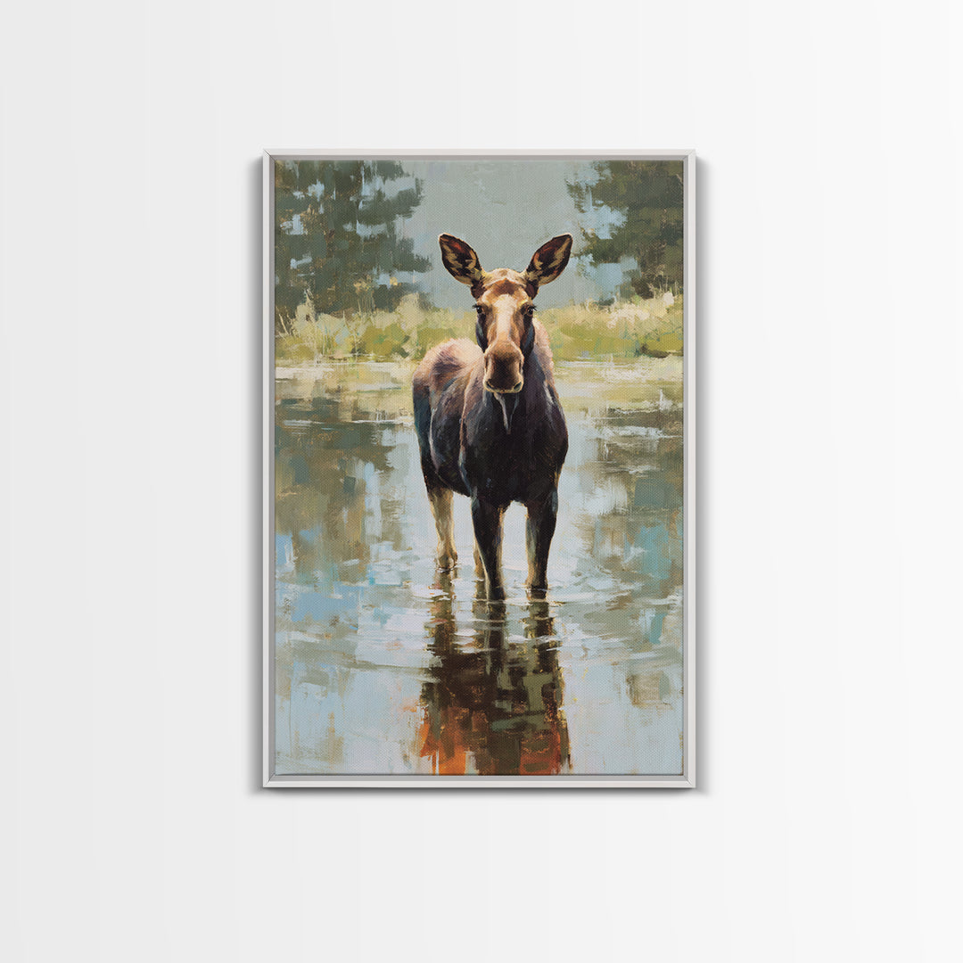 Moose Standing in Reflective Lake Framed Canvas Print, Wildlife Art, Forest Wall Art, Living Room Decor, Fine Art, Wild, WIL-2x3-3