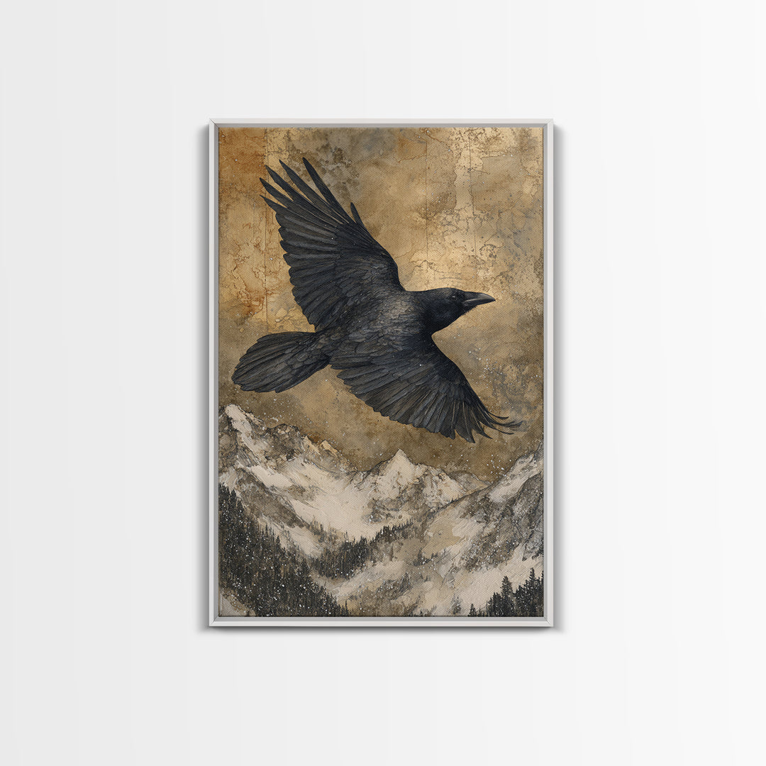 Raven Flying Through Snowy Mountains Canvas Print, Wildlife Art, Nature Wall Art, Living Room Decor, Watercolor Art, Wild, WIL-2x3-32