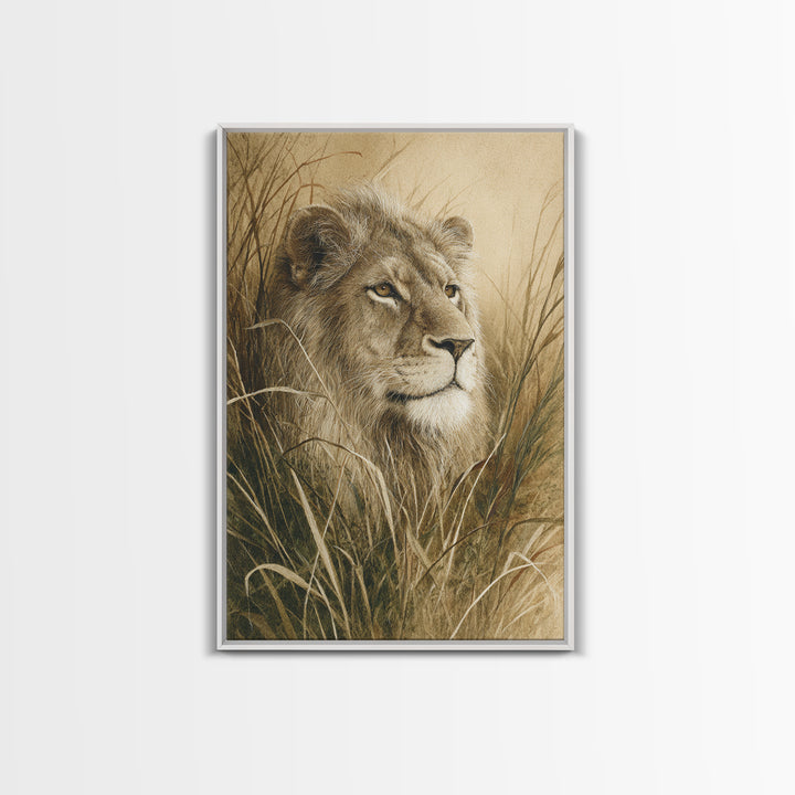 Lion Emerging from Golden Savanna Grass Framed Canvas Print, Wildlife Art, Living Room Decor, Watercolor Art, Wild, WIL-2x3-33