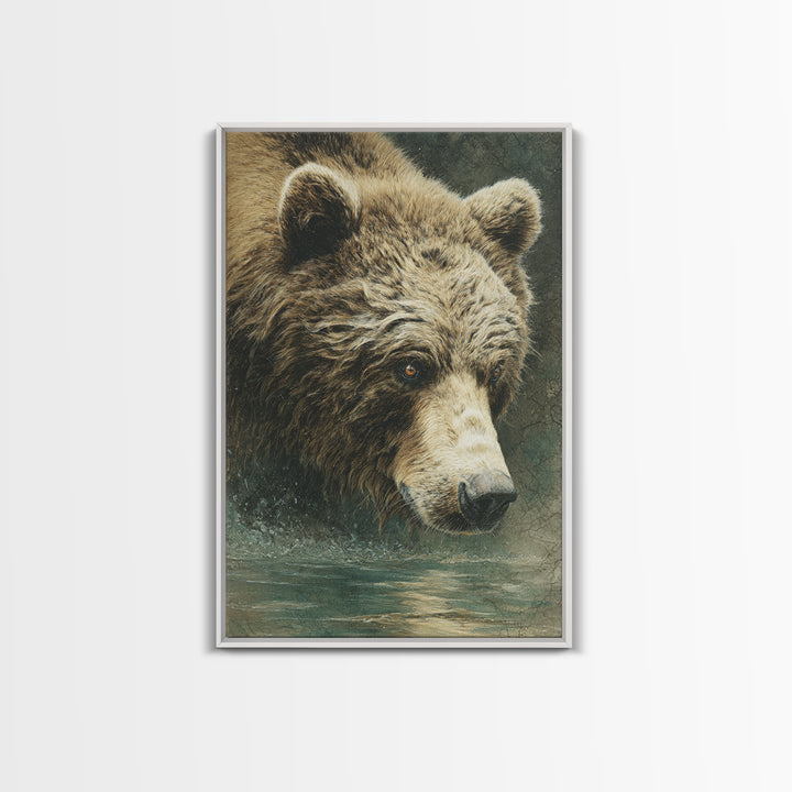Bear Fishing in Rushing Mountain River Framed Canvas Print, Wildlife Art, Leopard Wall Art, Living Room Decor, Watercolor Art, WIL-2x3-36