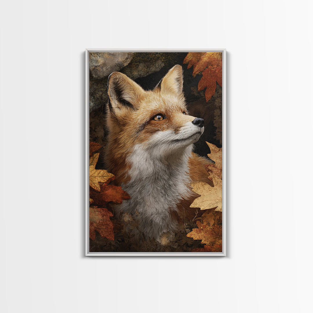 Fox in Autumn Forest Leaves Framed Canvas Print, Wildlife Art, Painting, Living Room Decor, Wild, Living Room Wall Art, WIL-2x3-41