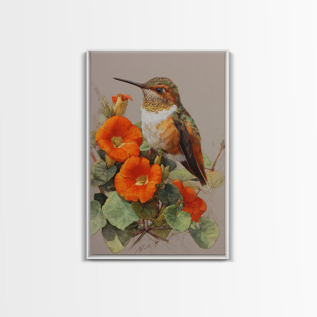Hummingbird Beside Bright Flowers Framed Canvas Print, Wildlife Art, Boho Decor, Living Room Decor, Fine Art, Wild, Painting, WIL-2x3-48
