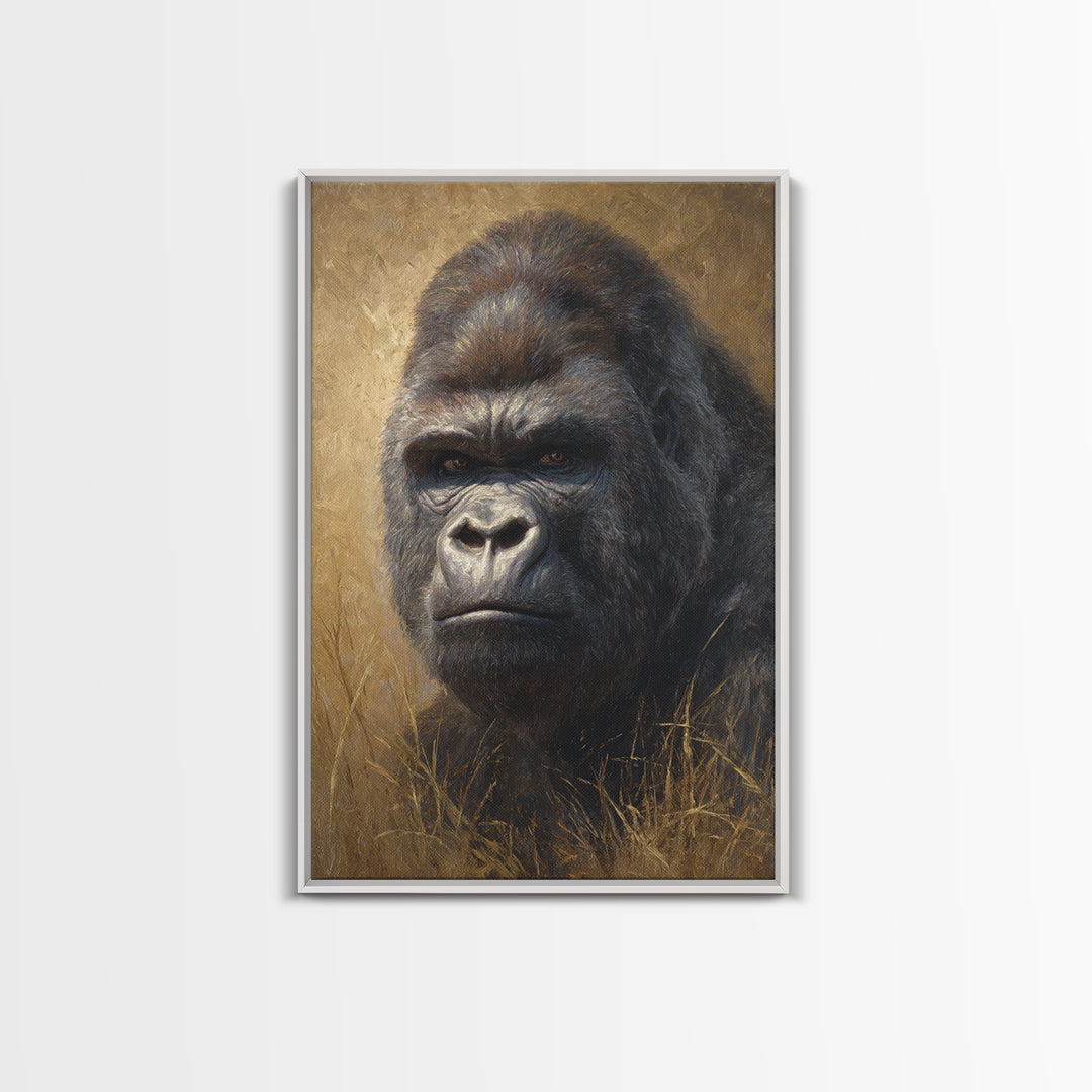 Gorilla Portrait with Powerful Gaze Canvas Print, Wildlife Art, Oil Painting, Living Room Decor, Wild, Bedroom Wall Art, WIL-2x3-49
