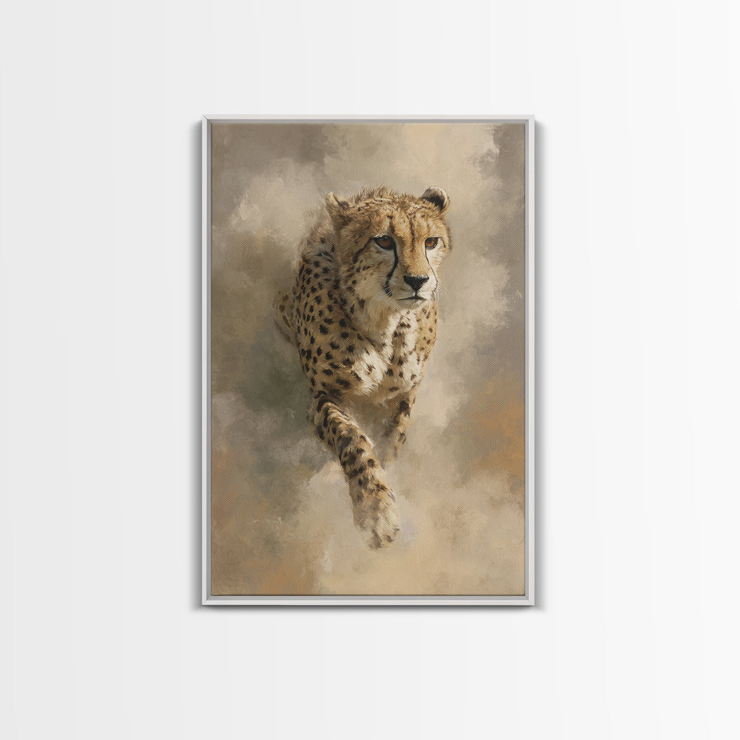 Cheetah Running Through Warm Dust Framed Canvas Print, Wildlife Art, Digital Wall Art, Living Room Decor, Oil Painting, Wild, WIL-2x3-53