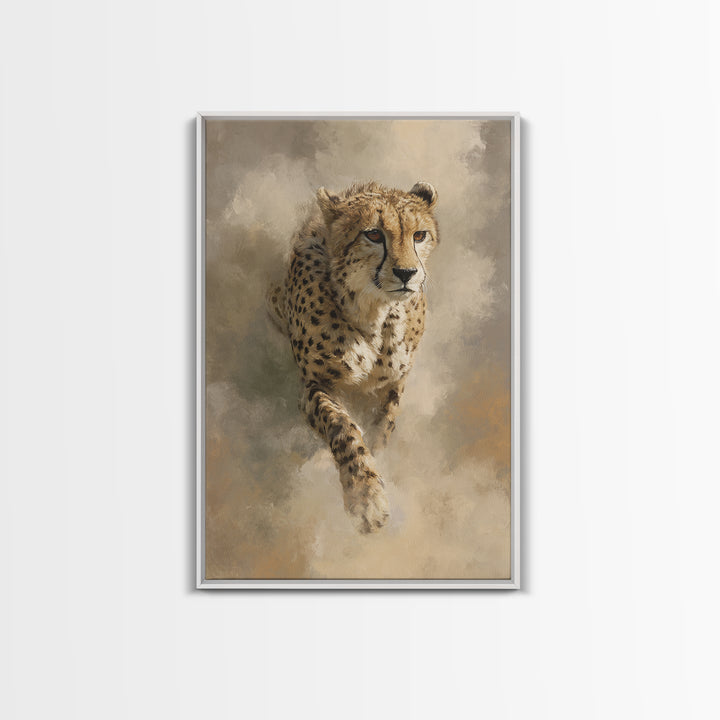 Cheetah Running Through Warm Dust Framed Canvas Print, Wildlife Art, Digital Wall Art, Living Room Decor, Oil Painting, Wild, WIL-2x3-53