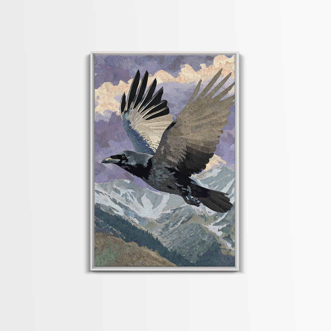Raven Flying Through Snowy Mountains Framed Canvas Print, Wildlife Art, Neutral Decor, Living Room Decor, Fine Art, Wild, WIL-2x3-56