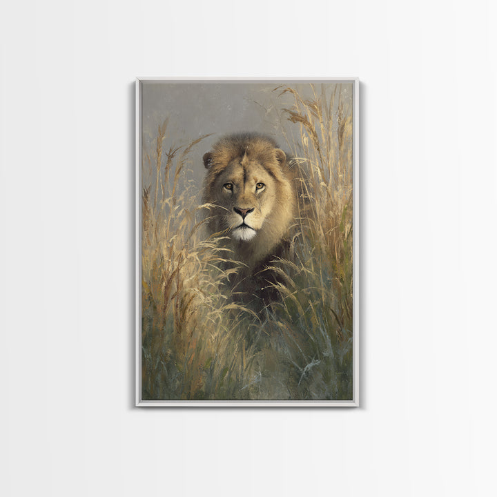 Lion Emerging from Golden Savanna Grass Canvas Print, Wildlife Art, Boho Wall Decor, Living Room Decor, Oil Painting, Wild, WIL-2x3-57