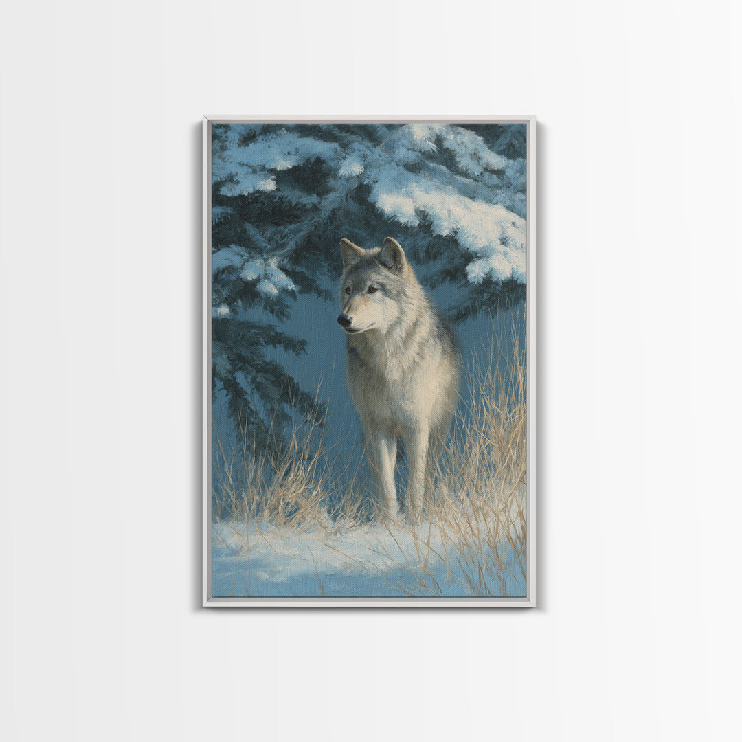 Wolf Standing Beneath Snowy Pine Trees Framed Canvas Print, Wildlife Art, Wall Decor, Living Room Decor, Oil Painting, Wild, WIL-2x3-59