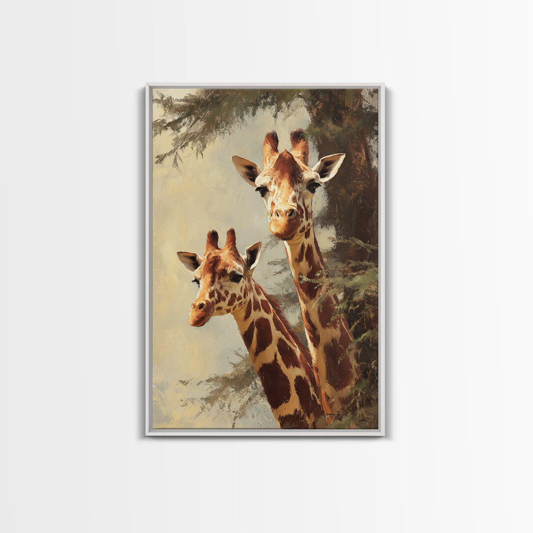 Giraffe Pair under Acacia Tree Framed Canvas Print, Wildlife Art, Painting, Living Room Decor, Watercolor Art, Wild, Bird Art, WIL-2x3-63