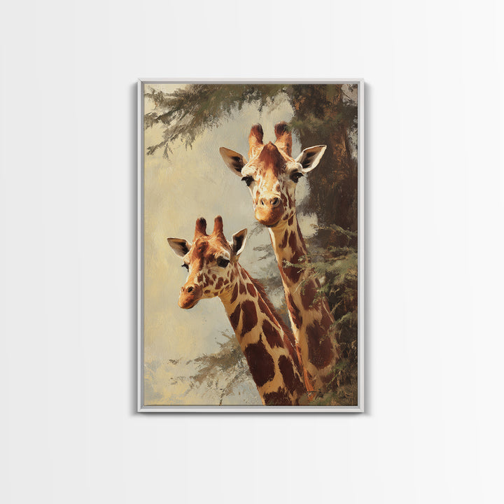 Giraffe Pair under Acacia Tree Framed Canvas Print, Wildlife Art, Painting, Living Room Decor, Watercolor Art, Wild, Bird Art, WIL-2x3-63
