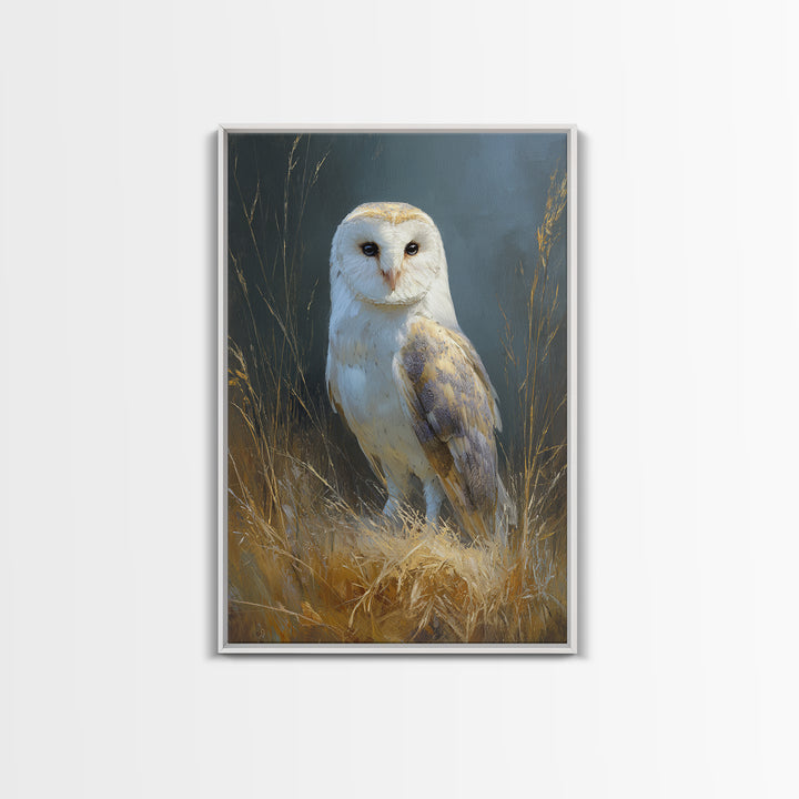 Owl Perched in Moonlit Woodland Framed Canvas Print, Wildlife Art, Large Wall Art, Living Room Decor, Fine Art, Wild, WIL-2x3-68
