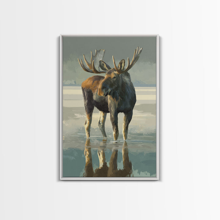 Moose Standing in Reflective Lake Framed Canvas Print, Wildlife Art, Digital Wall Art, Living Room Decor, Fine Art, Wild, WIL-2x3-75