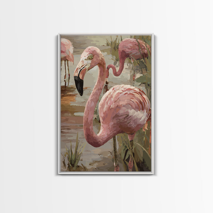 Flamingos in Pink Shallow Water Framed Canvas Print, Wildlife Art, Painting, Living Room Decor, Wild, Living Room Wall Art, WIL-2x3-78