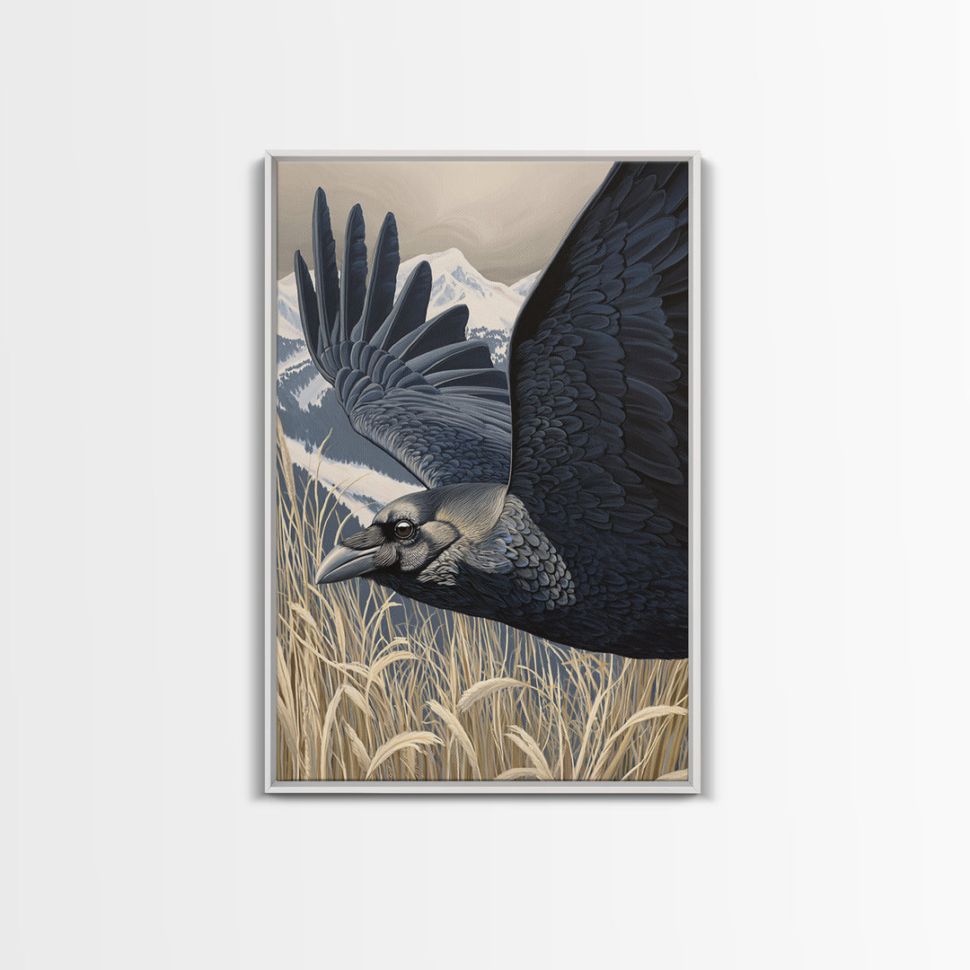 Raven Flying Through Snowy Mountains Framed Canvas Print, Wildlife Art, Landscape Art, Living Room Decor, Fine Art, Wild, WIL-2x3-8
