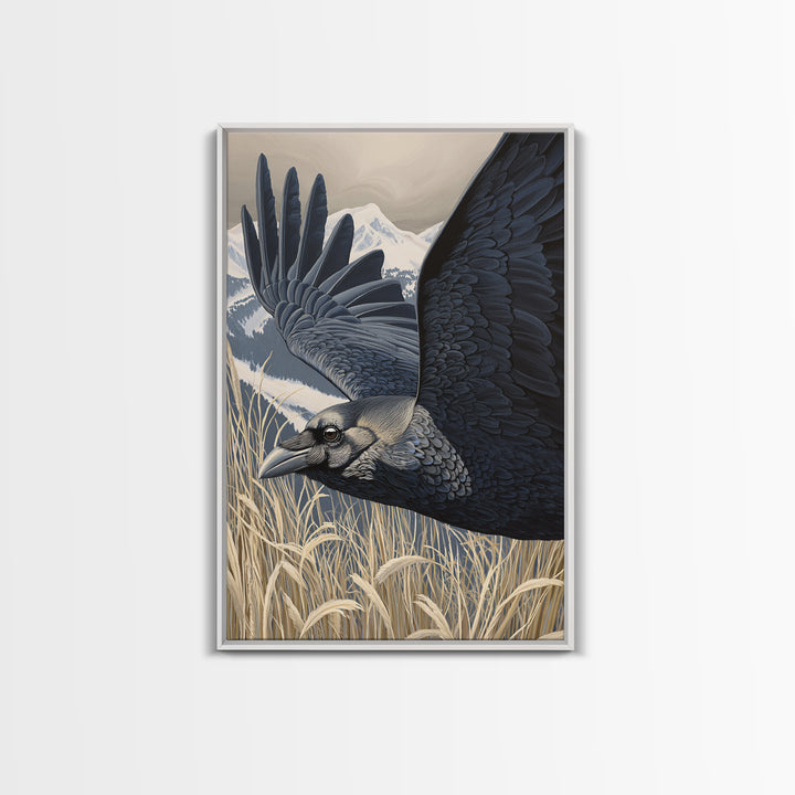 Raven Flying Through Snowy Mountains Framed Canvas Print, Wildlife Art, Landscape Art, Living Room Decor, Fine Art, Wild, WIL-2x3-8