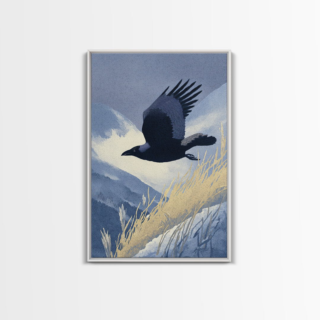 Raven Flying Through Snowy Mountains Framed Canvas Print, Wildlife Art, Contemporary Art, Living Room Decor, Fine Art, Wild, WIL-2x3-80