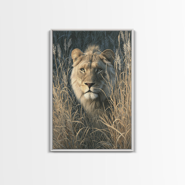Lion Emerging from Golden Savanna Grass Canvas Print, Wildlife Art, Boho Wall Decor, Living Room Decor, Oil Painting, Wild, WIL-2x3-81