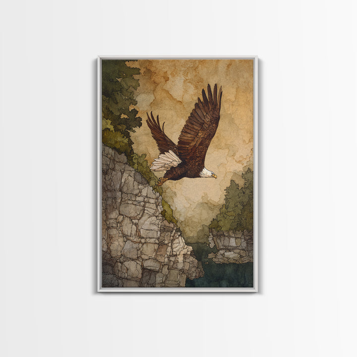 Eagle Soaring Above Rocky Cliffs Canvas Print, Wildlife Art, Oil Painting, Living Room Decor, Abstract Art, Wild, WIL-2x3-86