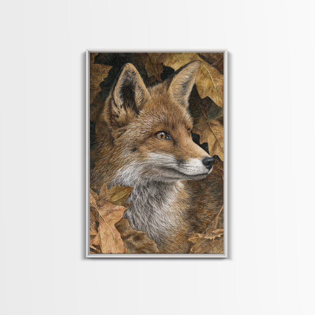 Fox in Autumn Forest Leaves Framed Canvas Print, Wildlife Art, Canvas Print, Living Room Decor, Fine Art, Wild, Forest Wall Art, WIL-2x3-89