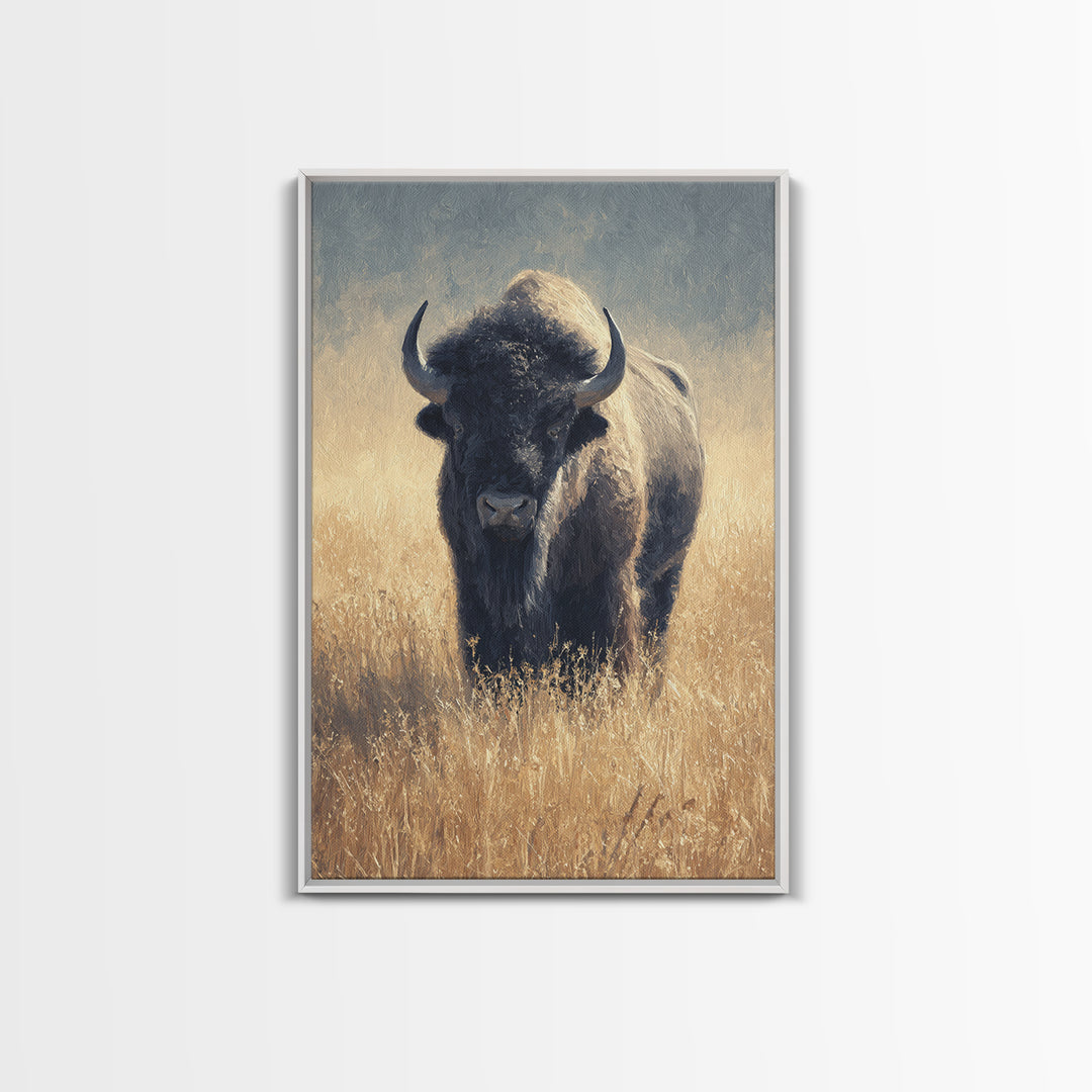 Bison on Wide Western Prairie Framed Canvas Print, Wildlife Art, Living Room Decor, Wild, Living Room Art, Canvas Painting, WIL-2x3-93