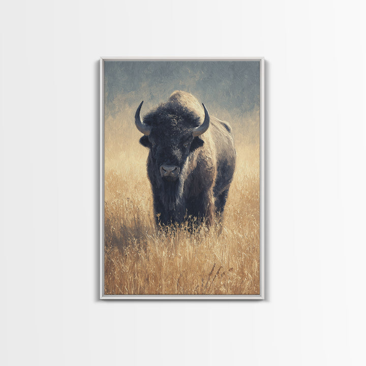 Bison on Wide Western Prairie Framed Canvas Print, Wildlife Art, Living Room Decor, Wild, Living Room Art, Canvas Painting, WIL-2x3-93