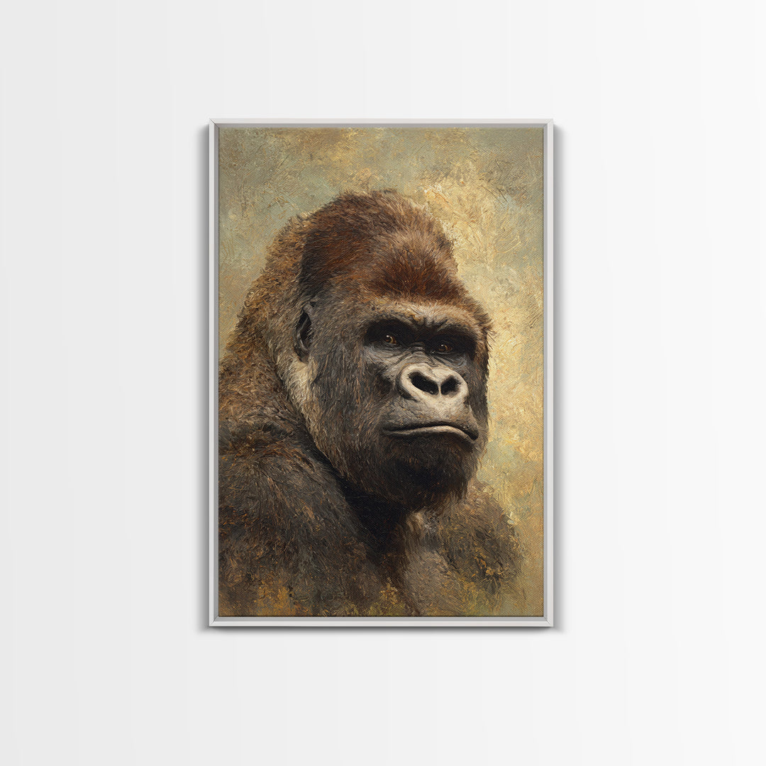 Gorilla Portrait with Powerful Gaze Framed Canvas Print, Wildlife Art, Wall Art Print, Living Room Decor, Oil Painting, Wild, WIL-2x3-97