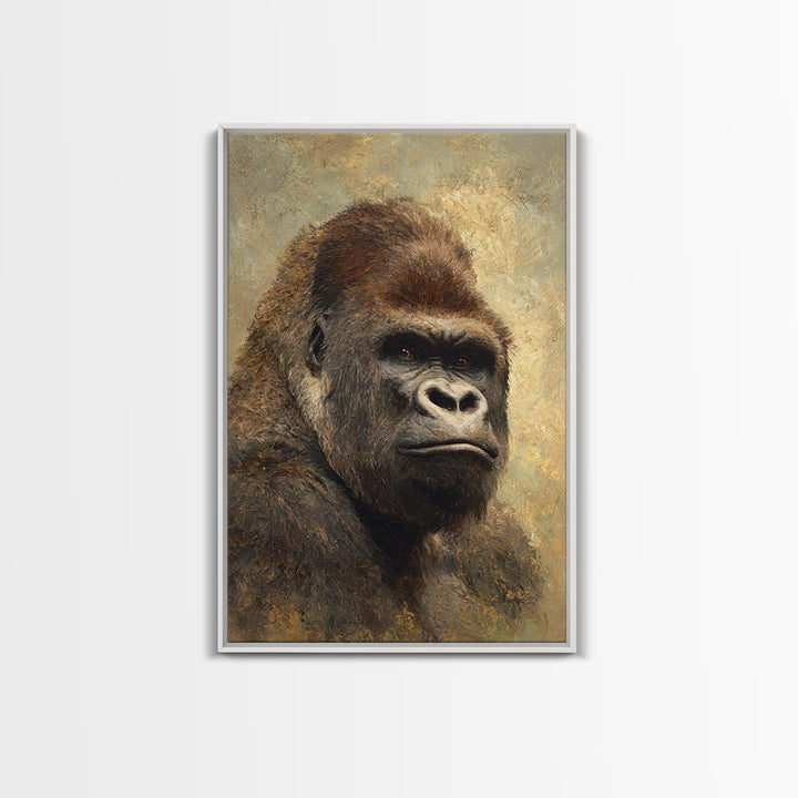 Gorilla Portrait with Powerful Gaze Framed Canvas Print, Wildlife Art, Wall Art Print, Living Room Decor, Oil Painting, Wild, WIL-2x3-97