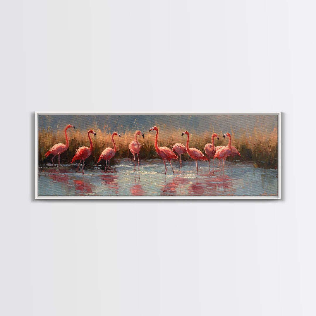 Flamingos in Pink Shallow Water Canvas Print, Wildlife Art, Unique Home Decor, Living Room Decor, Fine Art, Wild, WIL-3x1-14