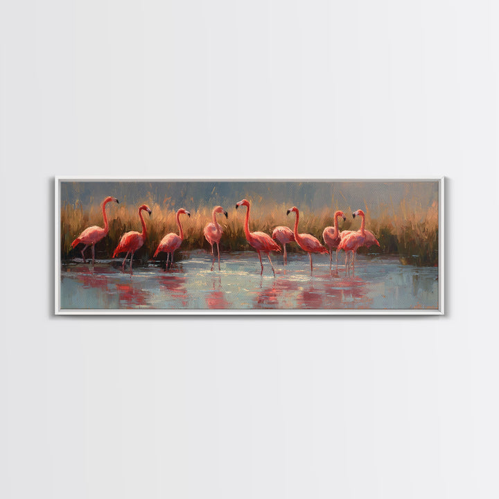 Flamingos in Pink Shallow Water Canvas Print, Wildlife Art, Unique Home Decor, Living Room Decor, Fine Art, Wild, WIL-3x1-14