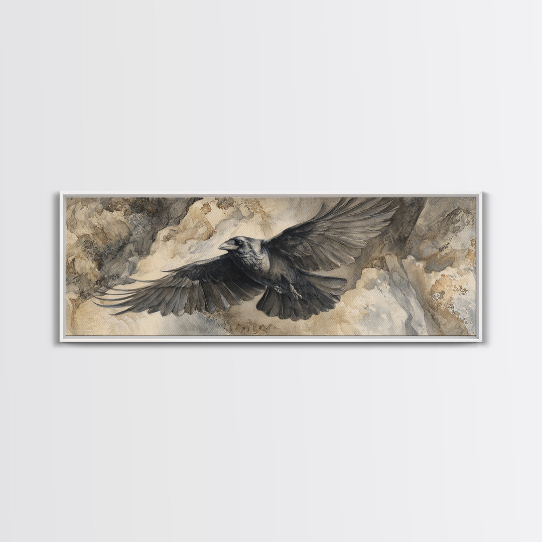Raven Flying Through Snowy Mountains Canvas Print, Wildlife Art, Modern Art, Living Room Decor, Watercolor Art, Wild, WIL-3x1-16