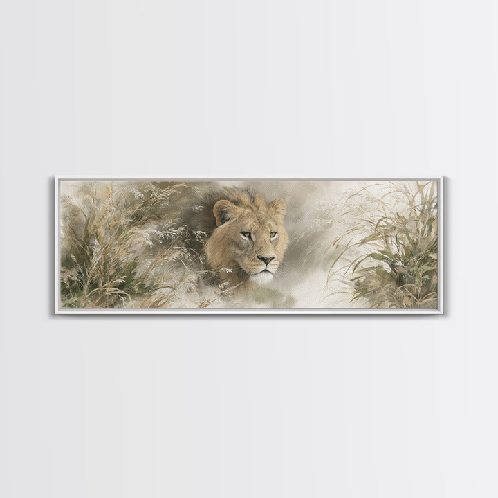 Lion Emerging from Golden Savanna Grass Framed Canvas Print, Wildlife Art, Bird Art, Living Room Decor, Fine Art, Wild, WIL-3x1-17