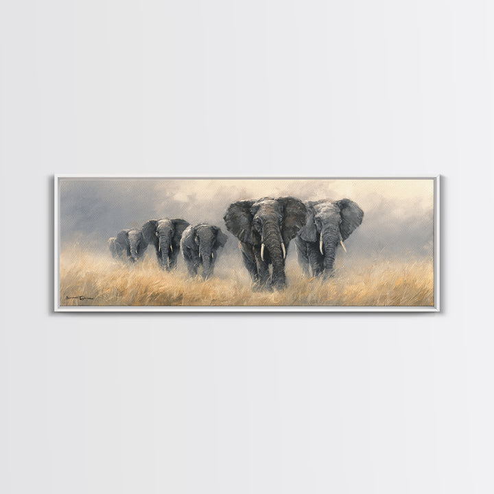 Elephant Herd Walking Through Dusty Sunset Framed Canvas Print, Wildlife Art, Original Art, Living Room Decor, Fine Art, Wild, WIL-3x1-18